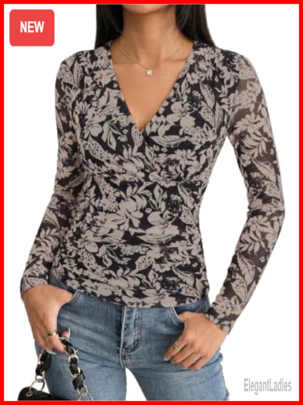 Womens Boho Mesh Blouse Long Sleeve V-Neck Ruched Wrap Top
